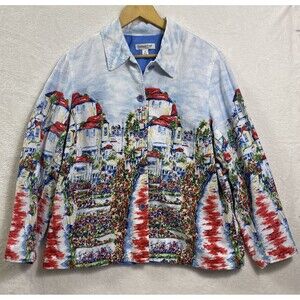 Vtg Coldwater Creek Linen Blend Blazer All Over Print Jacket Art to Wear 1X